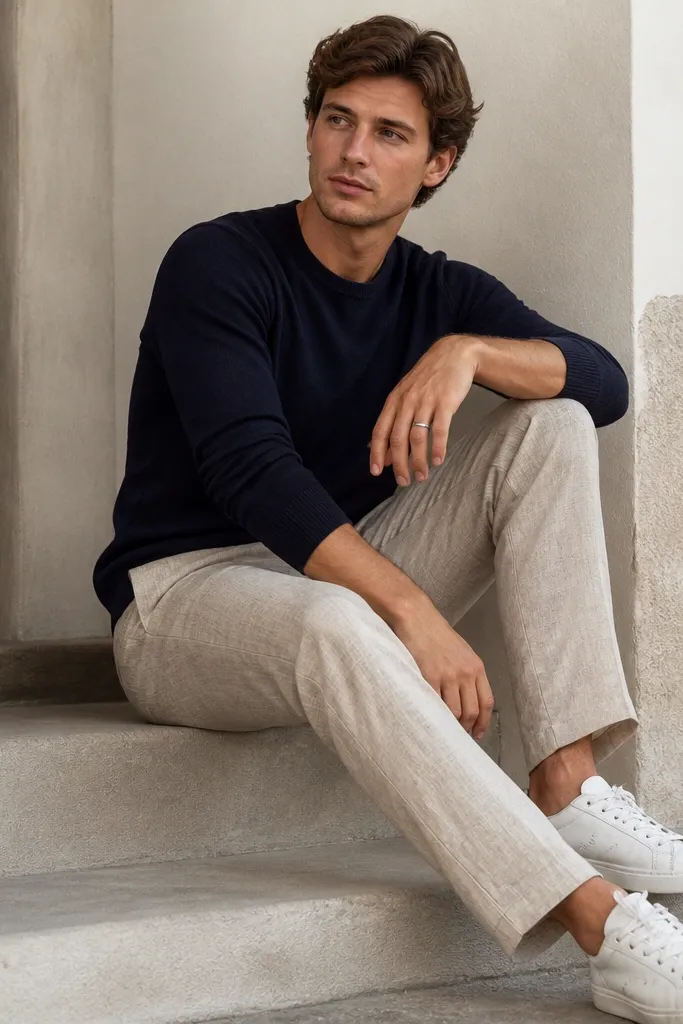 Oat beige linen pants paired with a navy crewneck. White sneakers and a silver ring on one hand. The pants have visible linen weave and casual wrinkles.