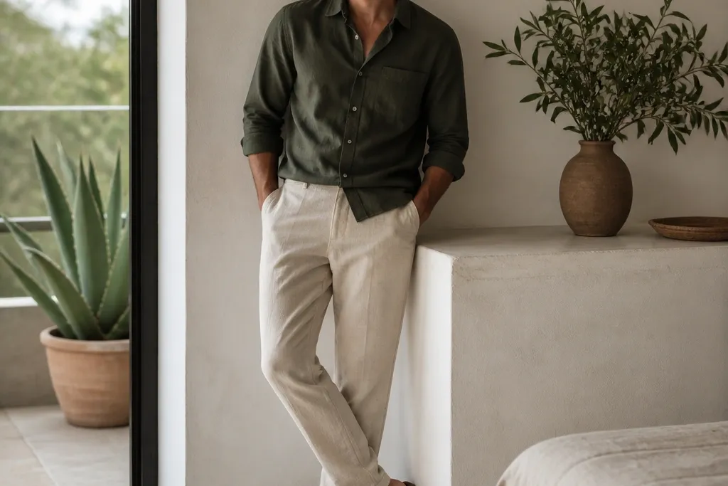 Beige linen pants outfit men small space combos