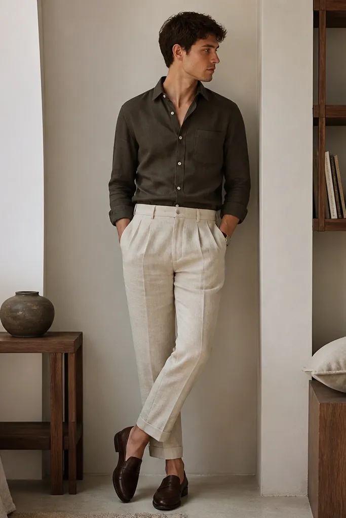 Beige linen pants outfit men small space combos