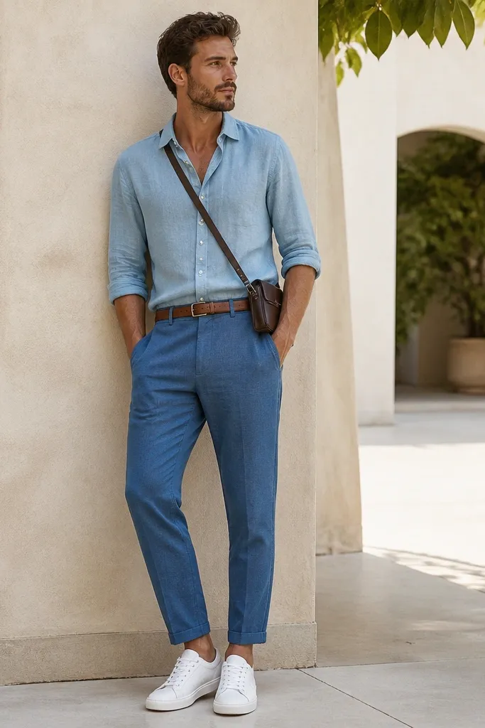 Man wearing mid-blue linen pants with a slightly tapered ankle, paired with a light chambray button-down. He has white leather low-top sneakers and a brown belt. A small crossbody bag sits flat at the side, and the pants pockets look deep with a clean opening seam.