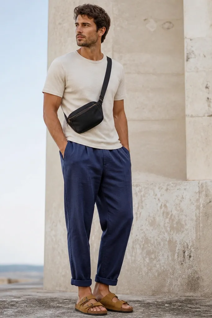 Man in indigo-blue linen pants with a neat cuff at the ankle. He wears a cream linen-blend T-shirt and tan suede sandals. A small black belt bag sits across the front hip, and the pants pockets look roomy with a slight curve at the opening.
