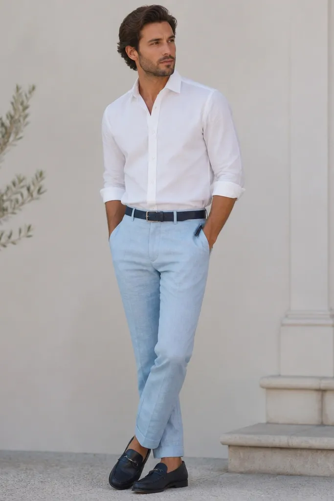 Man wearing light-blue linen pants with a crisp white oxford button-down. He has navy leather loafers and a dark navy belt. A slim leather wallet is visible peeking from the front pocket, and a small pen sits in a hidden inner pocket behind the waist seam.