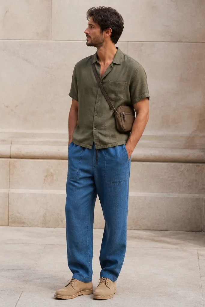 Man wearing medium-blue linen pants with an olive camp-collar shirt. He has tan desert boots with crepe soles. A small crossbody with a zip sits against his side, and the pants pockets look reinforced with visible stitching.