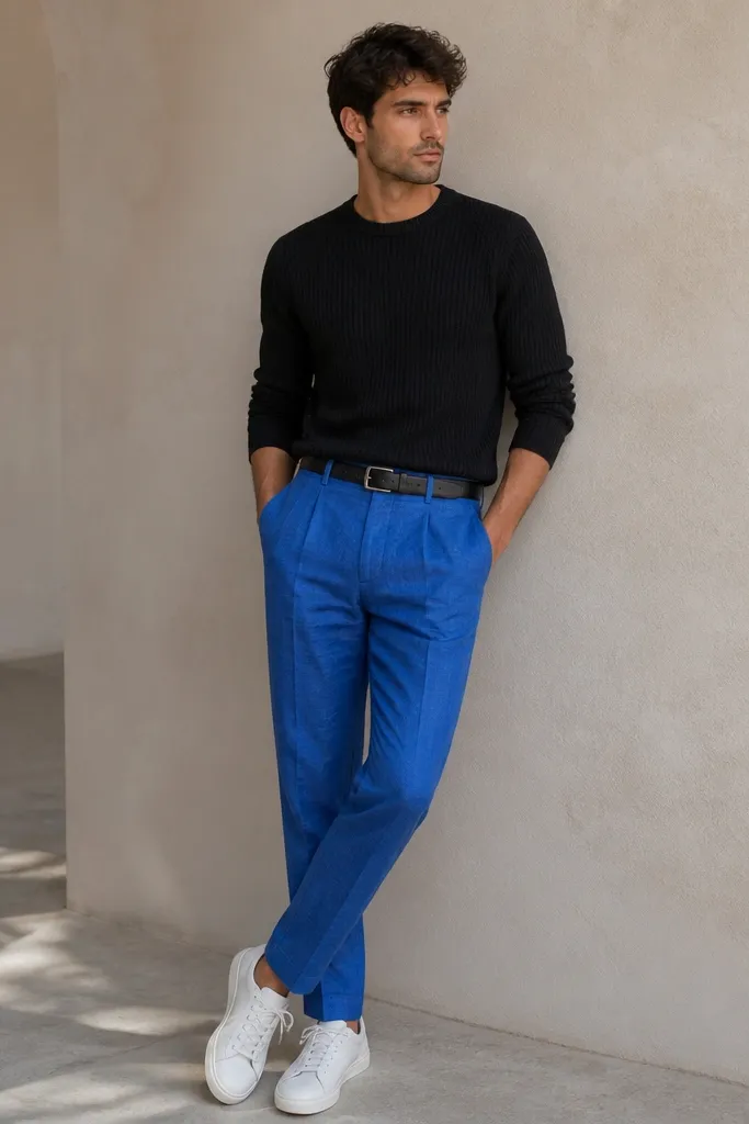 Man in electric-blue linen pants paired with a black crewneck knit sweater. He wears clean white sneakers and a slim black belt. The pants have deep front pockets, and his hands rest near the pocket opening, showing the fabric holds shape.