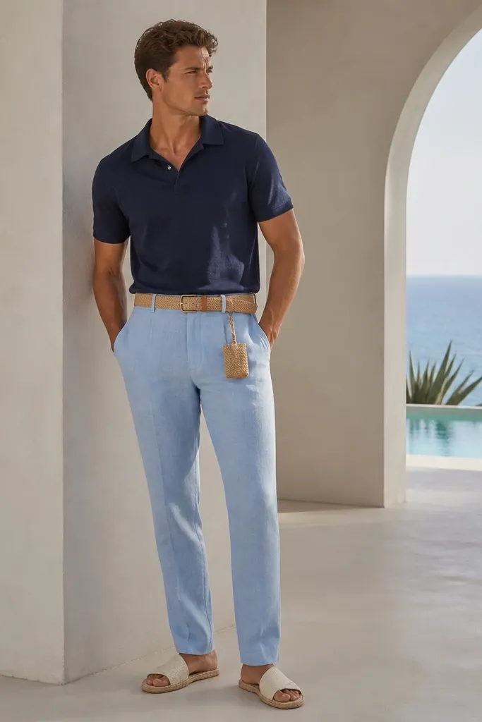 Man wearing light-blue linen pants with a navy short-sleeve polo. He has white-and-tan espadrille slides and a tan woven belt. A small pouch hangs from a belt loop, and the pants pocket openings look deep and neat.
