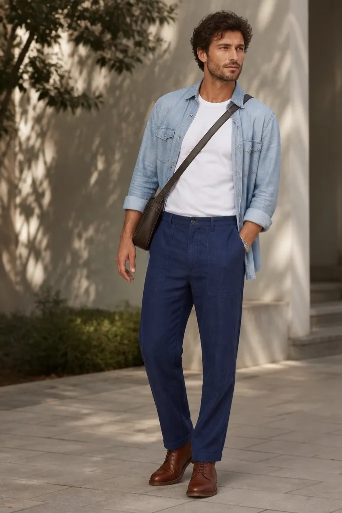 Man in indigo-blue linen pants wearing a white fitted T-shirt and a light-wash denim overshirt. He has brown leather lace-up shoes and a crossbody bag with a structured shape. The pants pockets are visible and look reinforced.