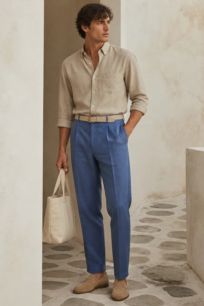 Man wearing sand-beige button-down shirt and medium-blue linen pants. He has tan suede penny loafers and a cream belt. A small canvas tote sits at his side, and the pants pockets show deep, straight openings.
