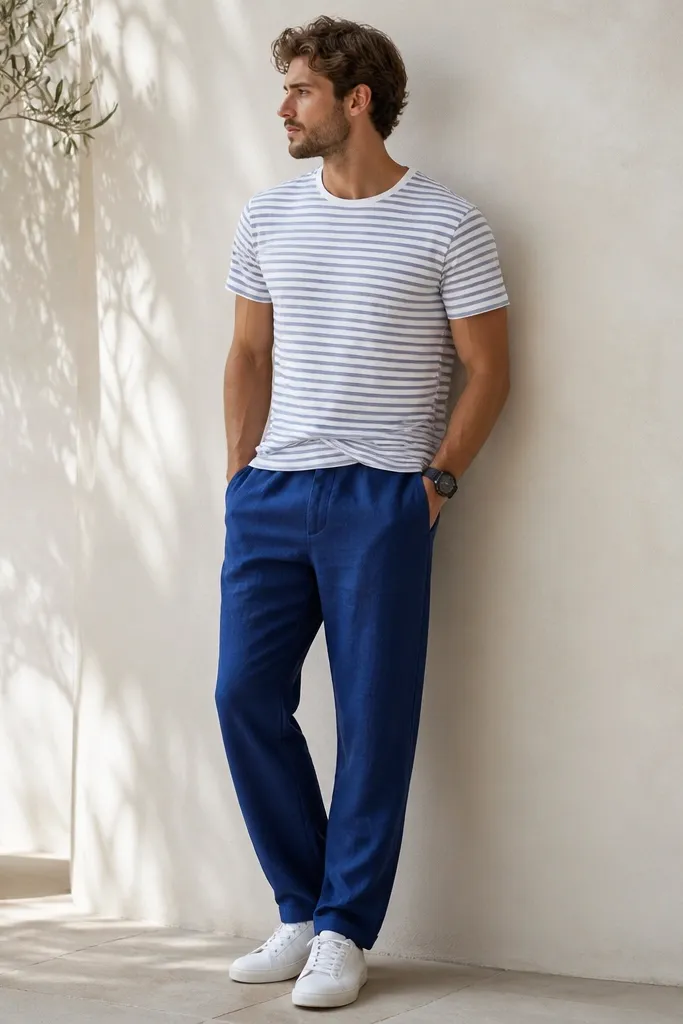 Man wearing cobalt-blue linen pants with a gray-and-white striped crew tee. He has white sneakers and a black watch. The pants have pockets that appear straight and roomy, and his shirt is slightly untucked.