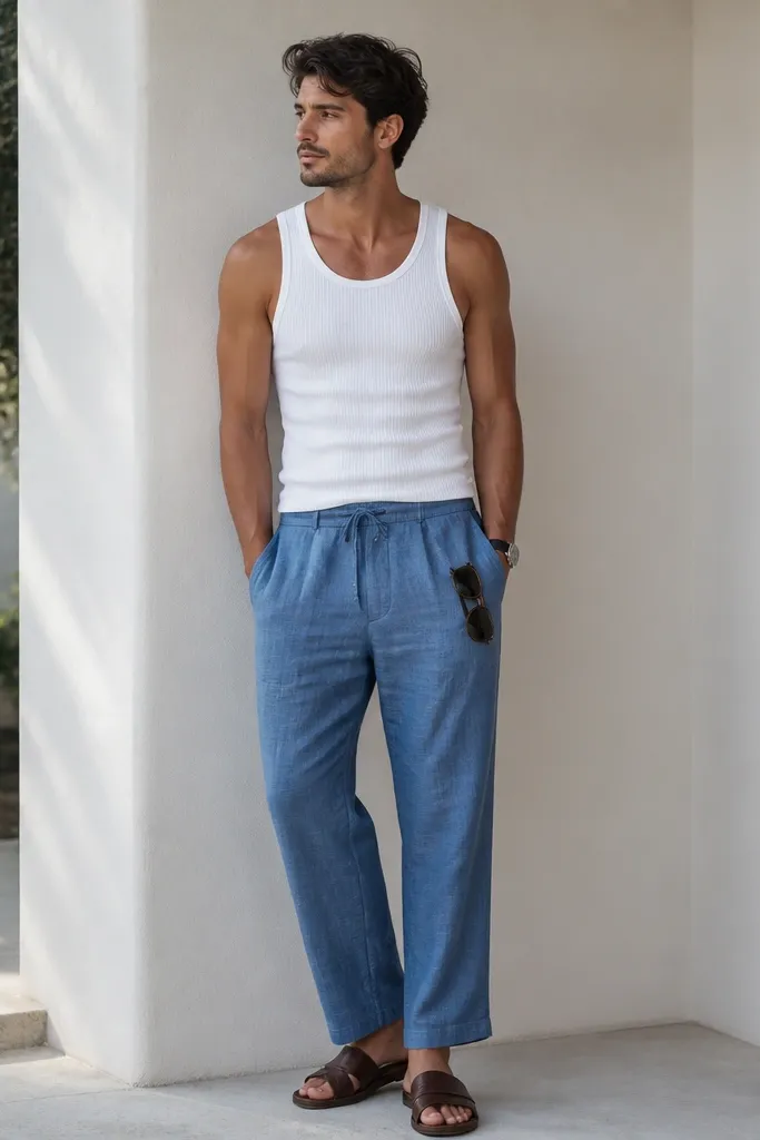 Man wearing blue linen pants with a white ribbed tank top. He has brown leather slide sandals and a simple watch. A pair of sunglasses sits in the pants pocket, and the pocket opening looks deep enough to hold them without bulging.
