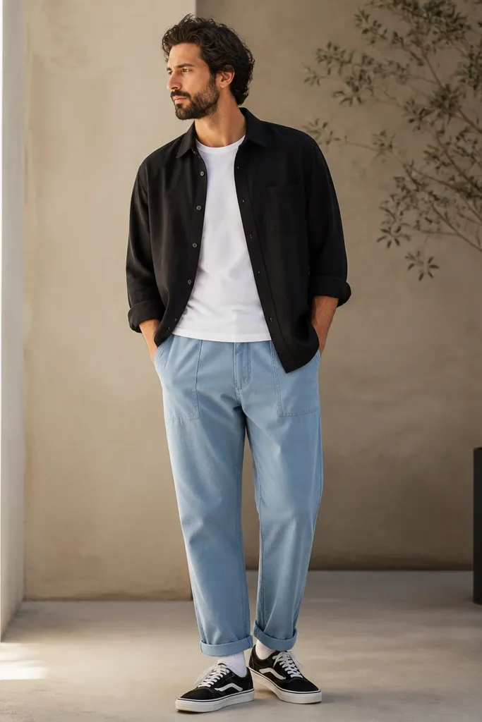 Man in powder-blue linen pants with a black linen overshirt layered over a white tee. He wears black-and-white low sneakers and shows a bit of contrast sock at the ankle. The pants pockets look sturdy with reinforced stitching.