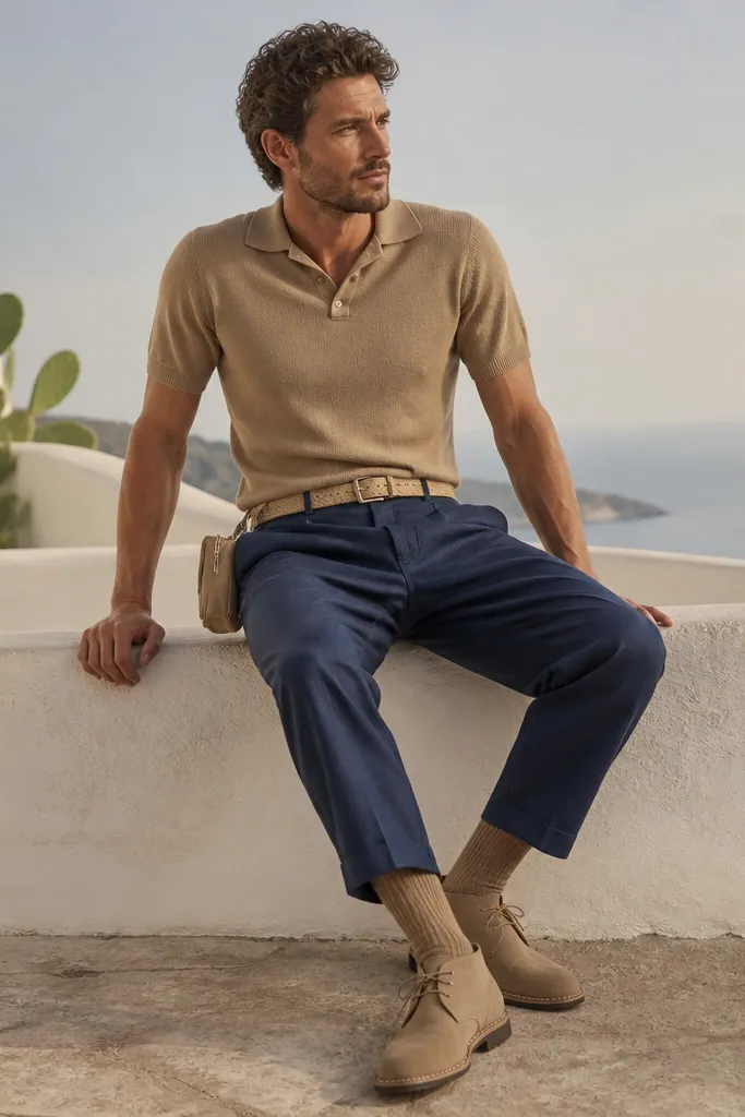 Man wearing deep-blue linen pants with a tan knit polo and a light tan belt. He has tan suede desert boots and wears mid-calf socks in a similar tan tone. The pants pockets appear deep and clean, and a small zip pouch sits at the side.