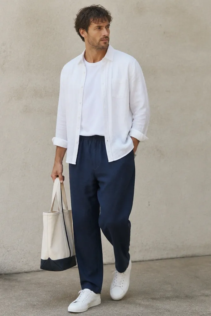 Man wearing indigo-blue linen pants with a white linen shirt worn open over a plain white tee. He has white low sneakers and carries a canvas tote with a hard bottom. The pants pockets look roomy and his tote hangs at his side.