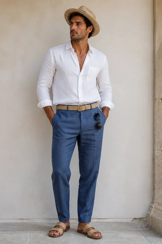 Man wearing blue linen pants with a crisp white button-down shirt. He has a straw hat, a tan belt, and beige leather sandals. Sunglasses are placed in the front pocket, and the pants hem is slightly tapered with a clean break.