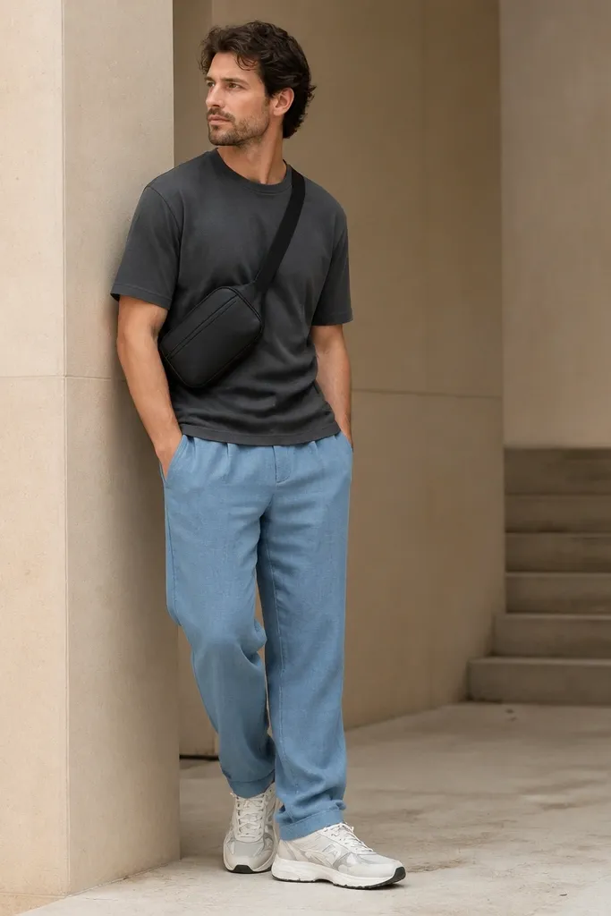 Man wearing dusty-blue linen pants with a charcoal-gray T-shirt. He has chunky white-and-gray trainers and a black crossbody bag with a zipper. The pants pockets look deep, with a visible seam and clean opening.
