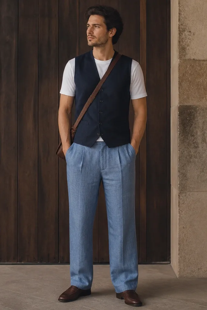 Man wearing blue linen pants with a navy vest over a white tee. He has brown leather crossbody and brown shoes. The vest has visible front welt pockets, and the pants pockets look deep and straight.
