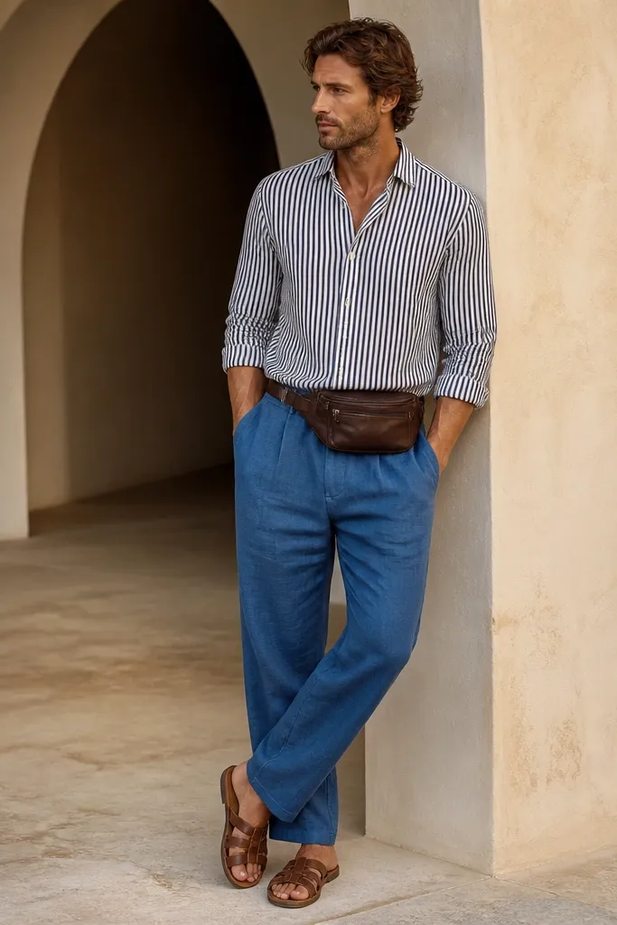 Man wearing medium-blue linen pants with a black-and-white striped button-up shirt. He has a brown belt bag across the front hip and brown leather sandals. The pants pockets look roomy, and the shirt sleeves are rolled once.