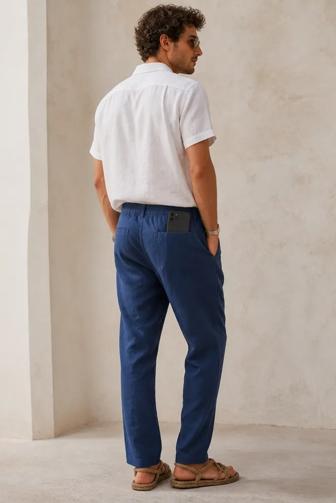 Man wearing blue linen pants with a white camp shirt with a relaxed collar. He has rope sandals with a textured sole and a thin watch. His phone sits in the back pocket, and the pants pocket opening looks deep enough to hold it without drooping.
