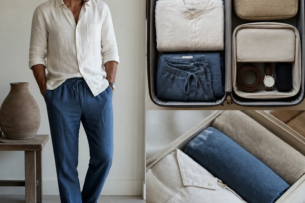 Blue linen pants outfit men with storage ideas