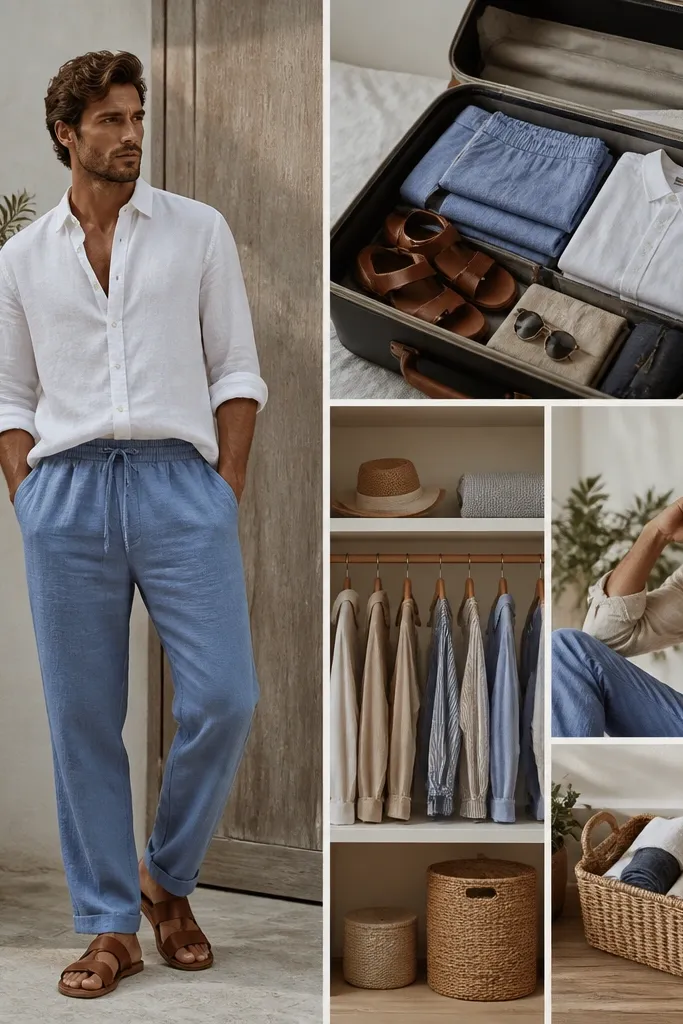 Blue linen pants outfit men with storage ideas