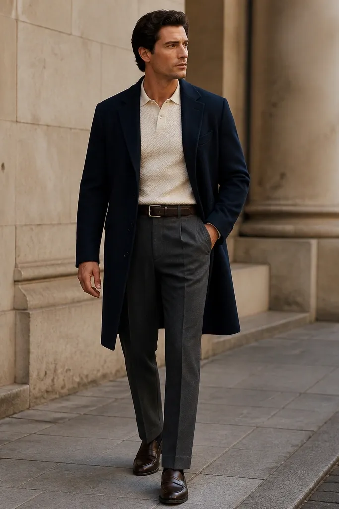 A man wearing charcoal wool trousers with a clean crease, an off-white knit polo, and a navy wool overcoat open over the polo. Dark brown leather loafers and a matching belt are visible.