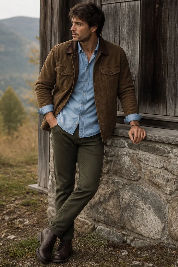 Dark olive chinos paired with a light blue brushed flannel button-down. A brown workwear jacket sits on top, sleeves slightly rolled, with black or dark brown boots below.