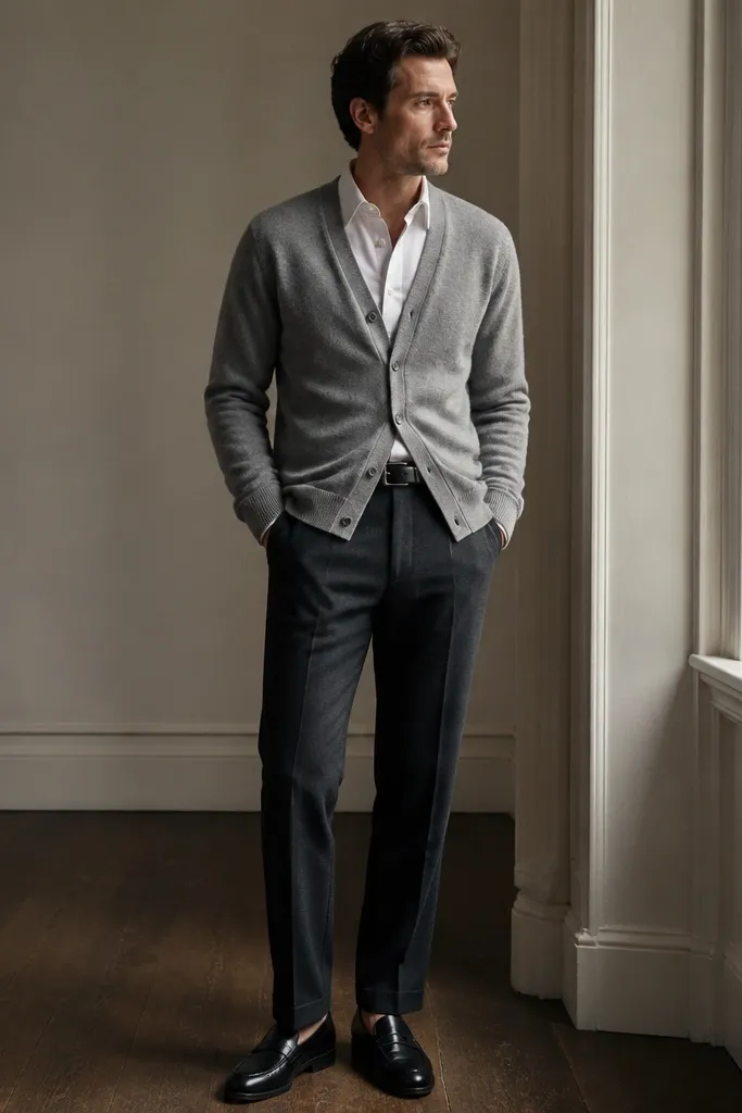 Charcoal wool trousers with a white oxford button-down under a medium-gray knit cardigan. The man wears black leather loafers and a simple dark belt.