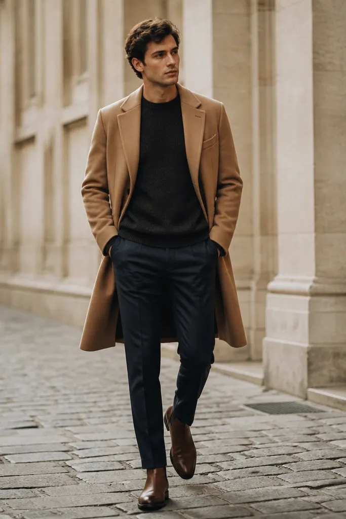 Navy chinos paired with a dark merino crewneck sweater. A tan or camel overcoat is worn open, with brown leather Chelsea boots.