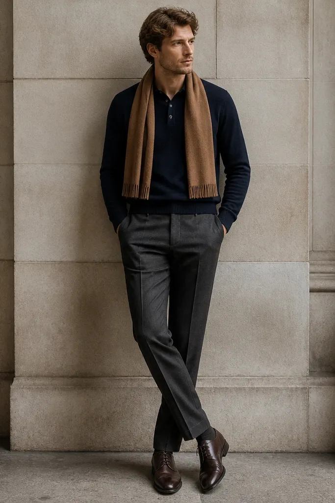 Charcoal wool trousers with a navy knit polo. A camel scarf is visible around the neck; the man wears dark brown leather shoes.