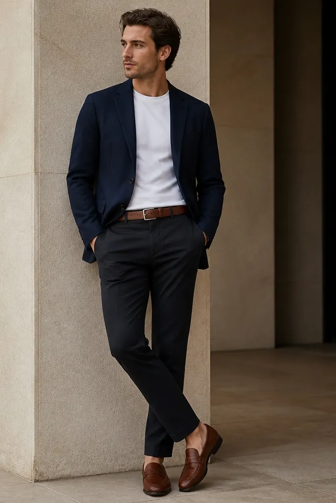 Dark chinos paired with a white crew tee visible under a navy blazer. The man wears brown leather loafers and a belt matching the loafers.