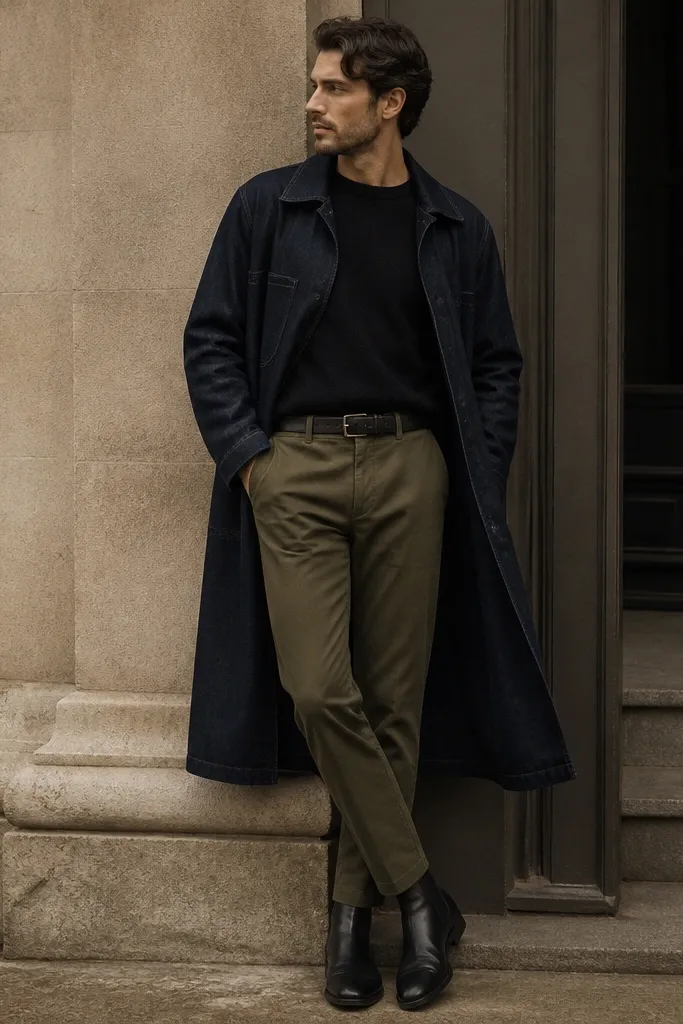 Olive chinos paired with a black crewneck sweater. A long dark denim coat is worn open, with black boots and a black belt.