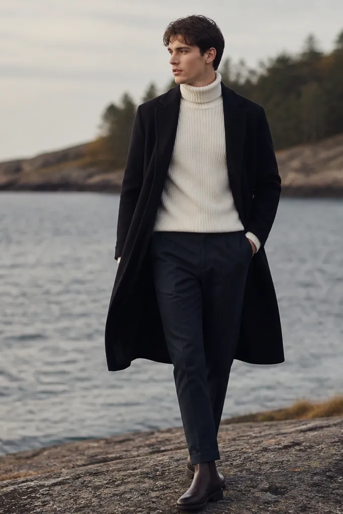 Navy chinos with a white knit turtleneck sweater. A black overcoat is worn open over the turtleneck, with dark leather boots.