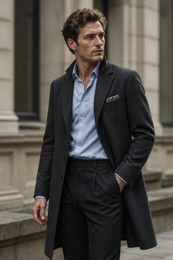Charcoal wool trousers with a brushed cotton button-down in pale blue, worn under a charcoal overcoat. A patterned pocket square peeks from the chest pocket.