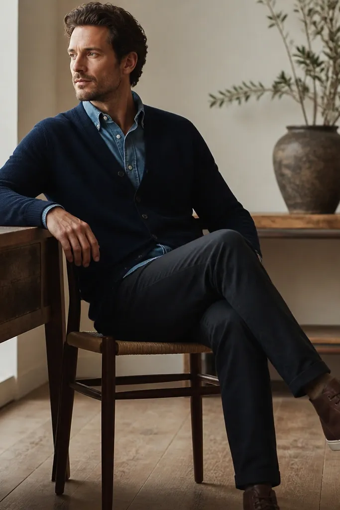 Dark chinos with a chambray button-down in medium blue. A navy cardigan is worn over the shirt, with casual leather sneakers or boots.