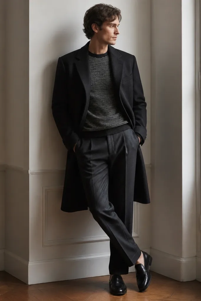 Charcoal wool trousers with a crewneck sweater that has thin horizontal stripes. A dark overcoat is worn open, with black loafers.