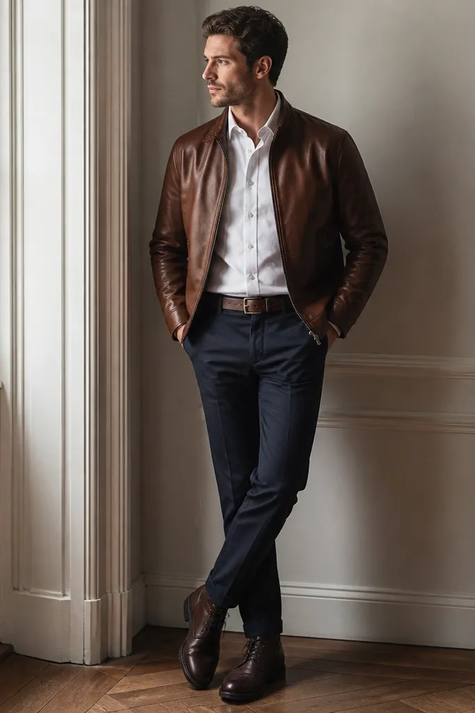 Navy chinos with a white oxford shirt. A brown leather bomber jacket is worn over it, with dark leather boots and a belt matching the jacket tone.