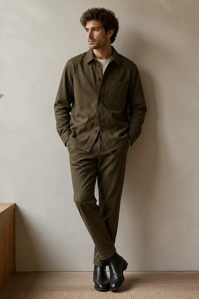 Olive chinos paired with an olive overshirt. A neutral inner shirt is visible at the collar, and black Chelsea boots finish the look.