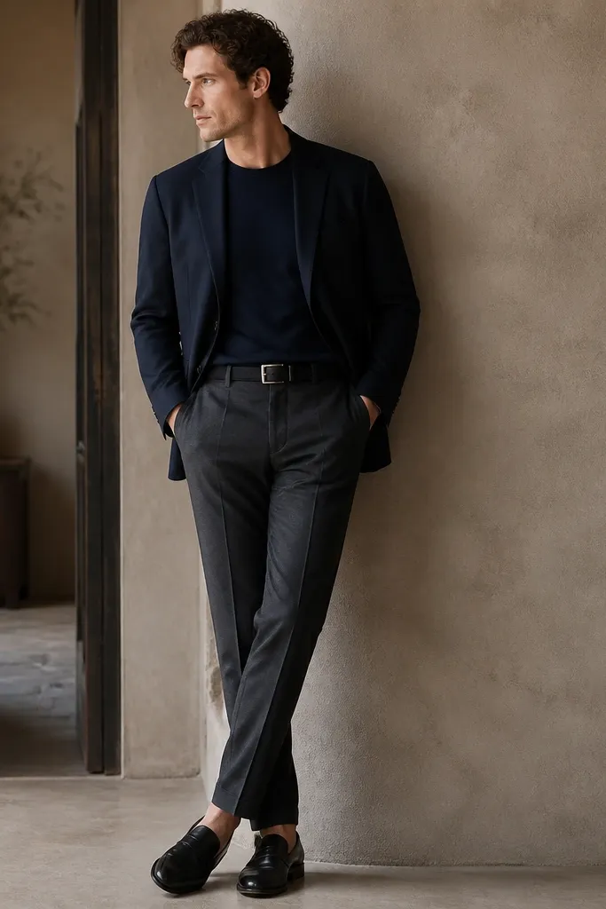 Charcoal wool trousers with a navy crew t-shirt. A textured blazer in navy or charcoal sits on top, with dark loafers and a belt.