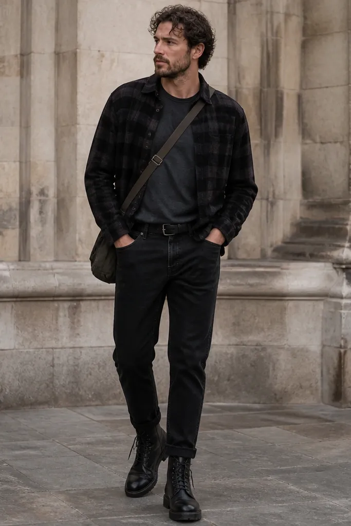 A man wearing a charcoal washed crew-neck tee under an open black brushed flannel overshirt. He has tapered black jeans and black leather combat boots. A matte black belt and a canvas crossbody bag with dull hardware finish the look.