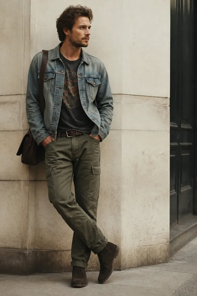 A man in a faded band graphic tee layered under a light-to-mid wash denim jacket. He wears olive twill cargo pants and dark suede chukka boots. The belt is dark brown with a matte buckle; a slim messenger bag hangs at his side.