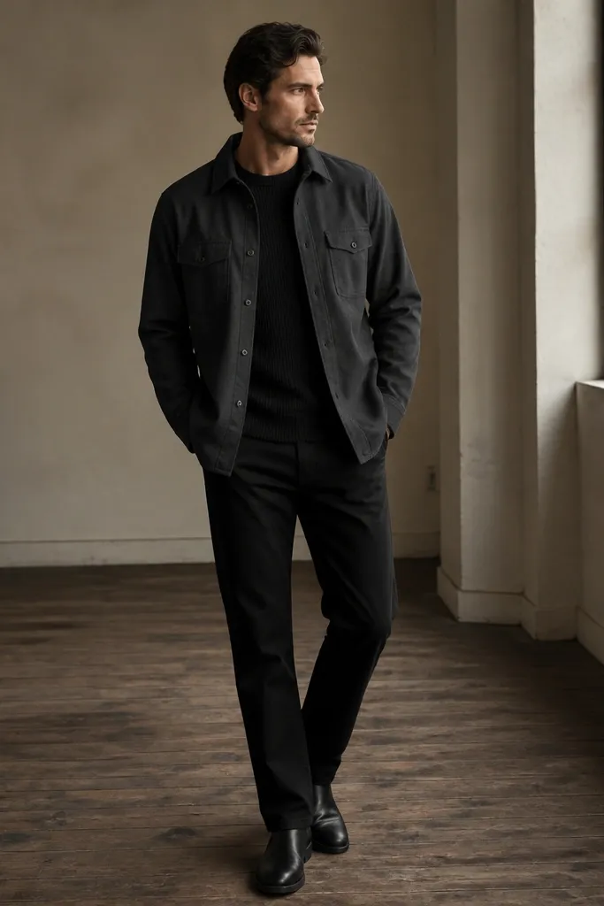 A man wearing a black thermal long-sleeve with visible ribbing under a dark (charcoal) overshirt. He has straight-leg black jeans and black boots. The overshirt is slightly oversized but sits correctly at the shoulders.