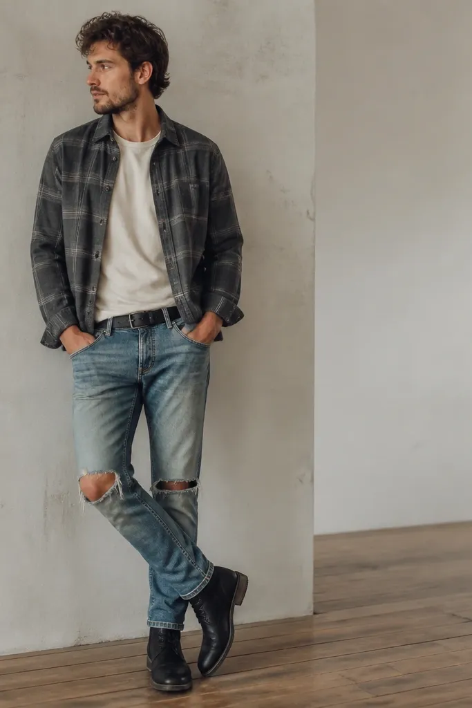 A man in a cream crew-neck tee with a grey flannel button-up worn open on top. He wears faded distressed denim jeans with rips only at the knees. Black boots and a dark belt complete the look.