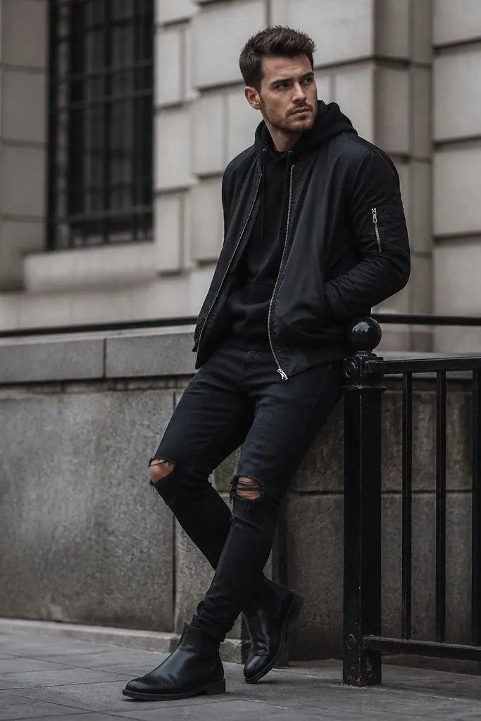 A man wearing a black hoodie with the hood down. Over it, he wears a dark zip-up bomber jacket. He has black jeans with visible ripped knees and black boots.