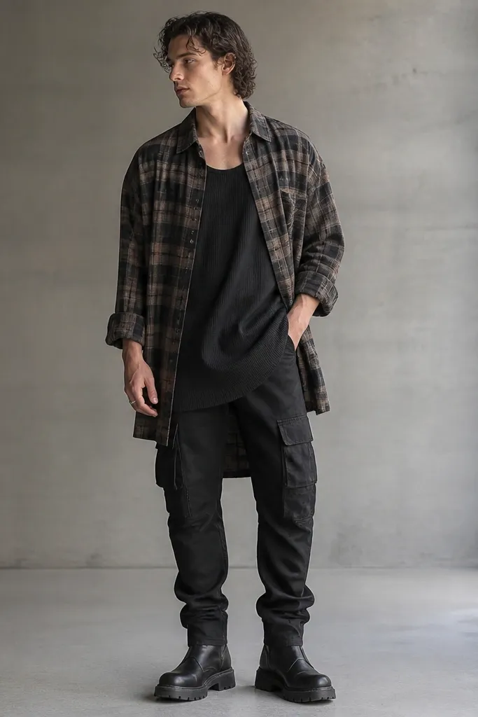 A man wearing a black longline ribbed tank under an oversized plaid shirt worn open. He has black cargo pants and black boots. The shirt hangs longer than the tank, creating a layered vertical look.