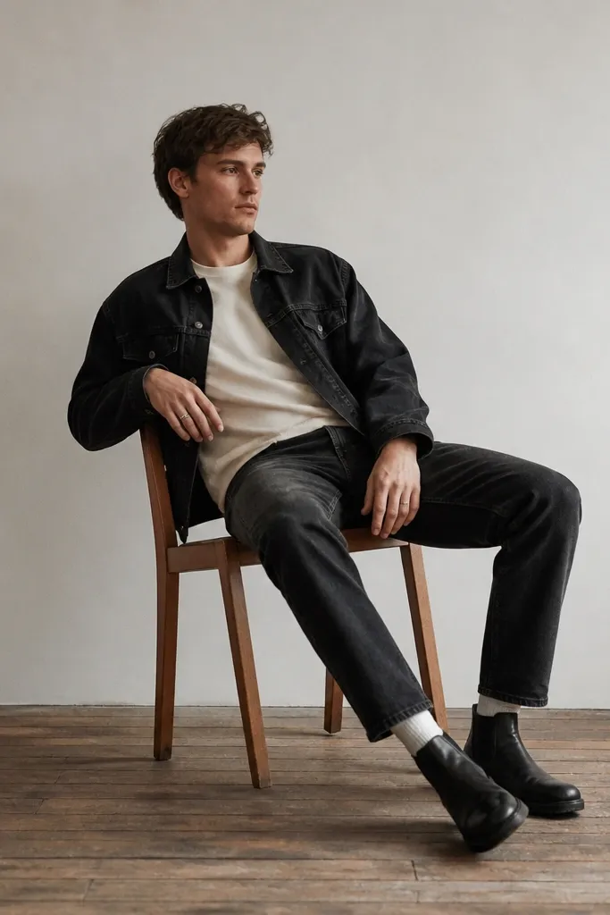 A man wearing a cream crew-neck tee under a black denim jacket. He has washed black straight jeans and black boots. He also has visible white crew socks at the boot opening.