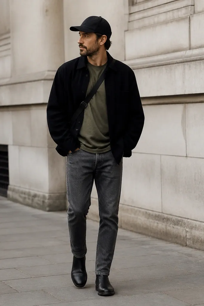 A man wearing an olive crew-neck tee under a black overshirt. He has tapered grey jeans and black boots. A matte black baseball cap sits on his head, with a crossbody bag strap across his chest.
