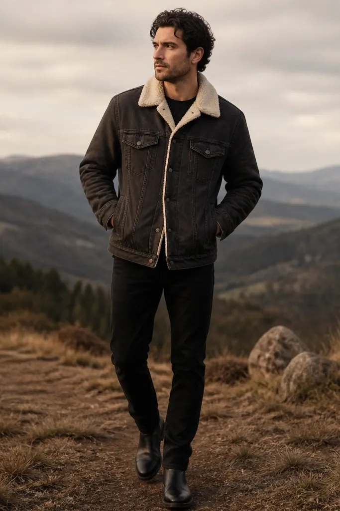 A man wearing a charcoal tee under a trucker jacket with a shearling or faux-fur collar and lining. He has black jeans and black boots. The jacket is buttoned close and looks thick and warm.