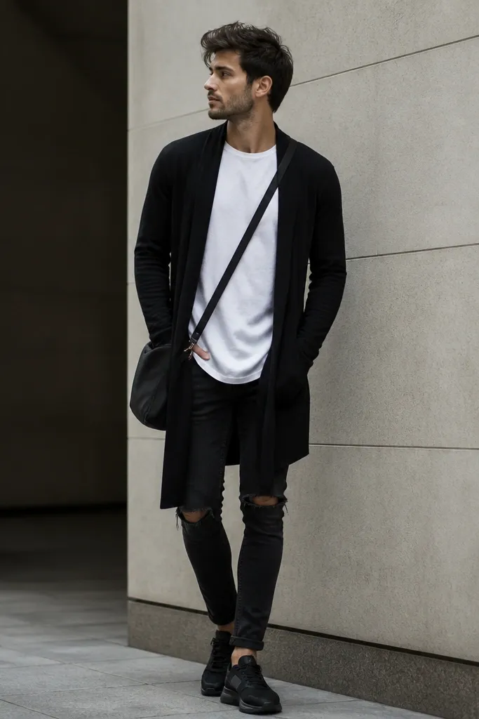 A man wearing a white crew-neck tee under a long black cardigan. He has black ripped jeans and wears black sneakers instead of boots. A simple crossbody bag hangs at his side.