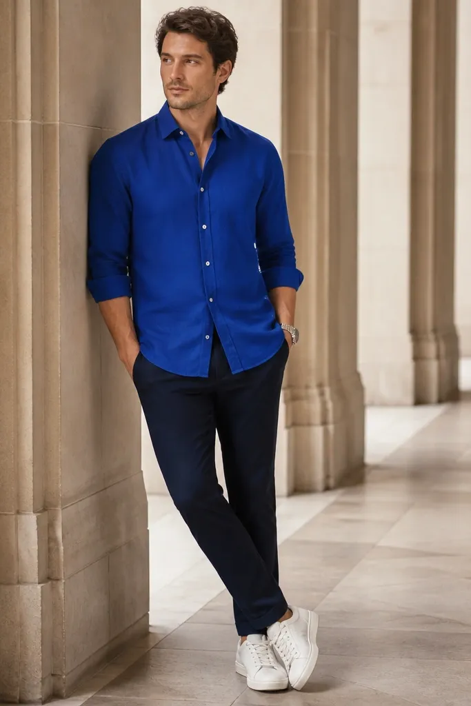 A royal blue button-up shirt worn untucked over dark navy slim chinos, paired with clean white low-top sneakers. The sleeves are rolled once to mid-forearm, and a simple silver watch sits on the wrist.