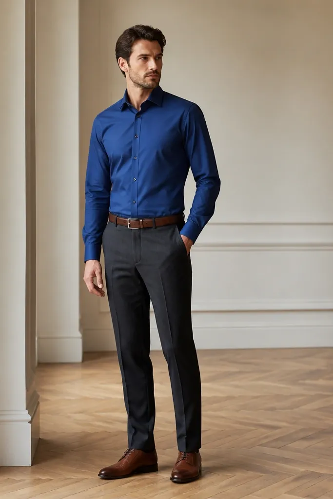 A royal blue dress shirt tucked into charcoal flat-front trousers with a brown leather belt and brown leather derbies. The shirt is fully buttoned, cuffs are visible with a slight break, and the look is clean and formal.