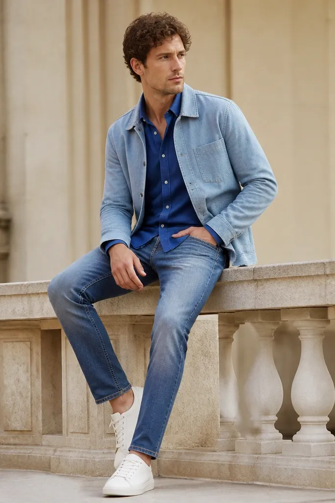 A royal blue button-up shirt under a light chambray jacket, with medium-wash jeans and white sneakers. The top jacket buttons are left open, and the shirt collar peeks out.